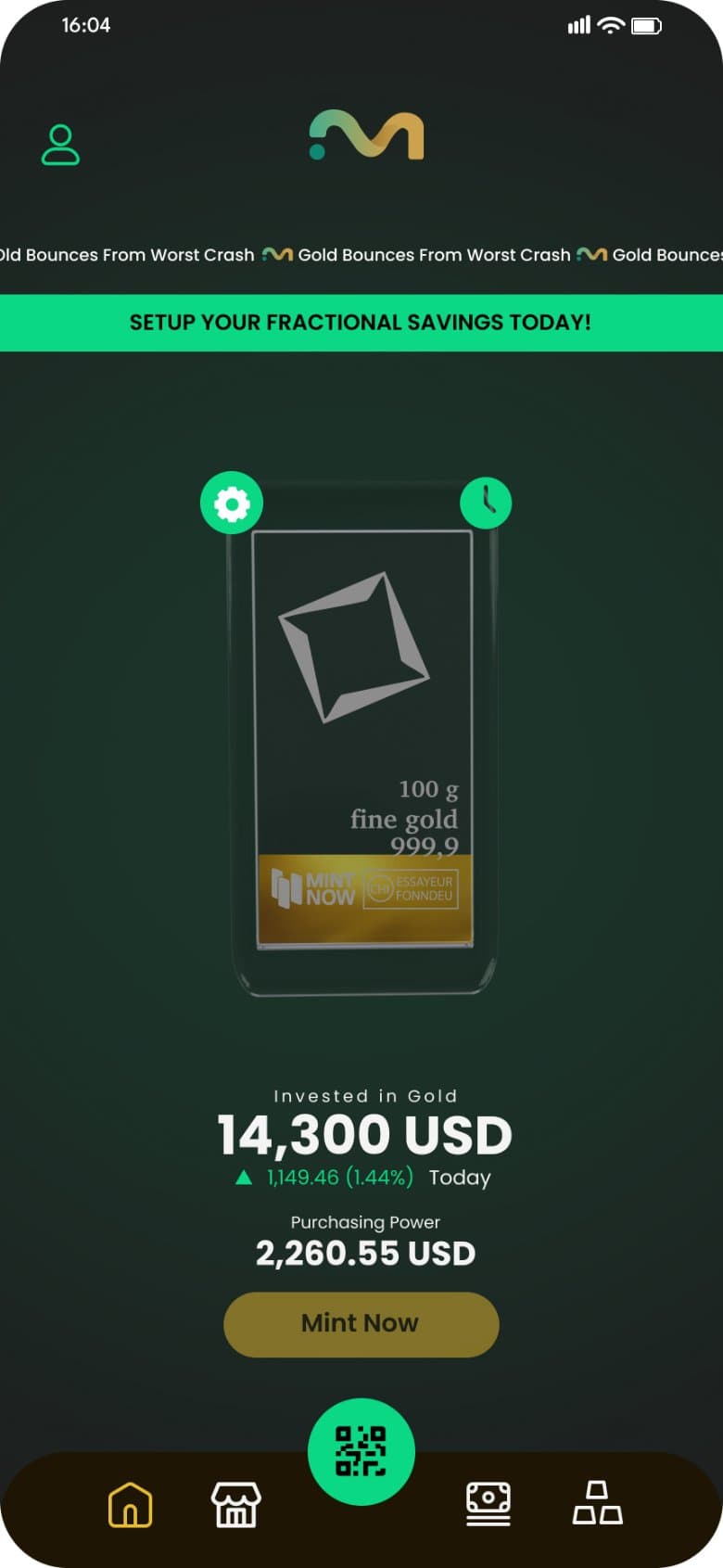 MintNow app — gold portfolio home screen