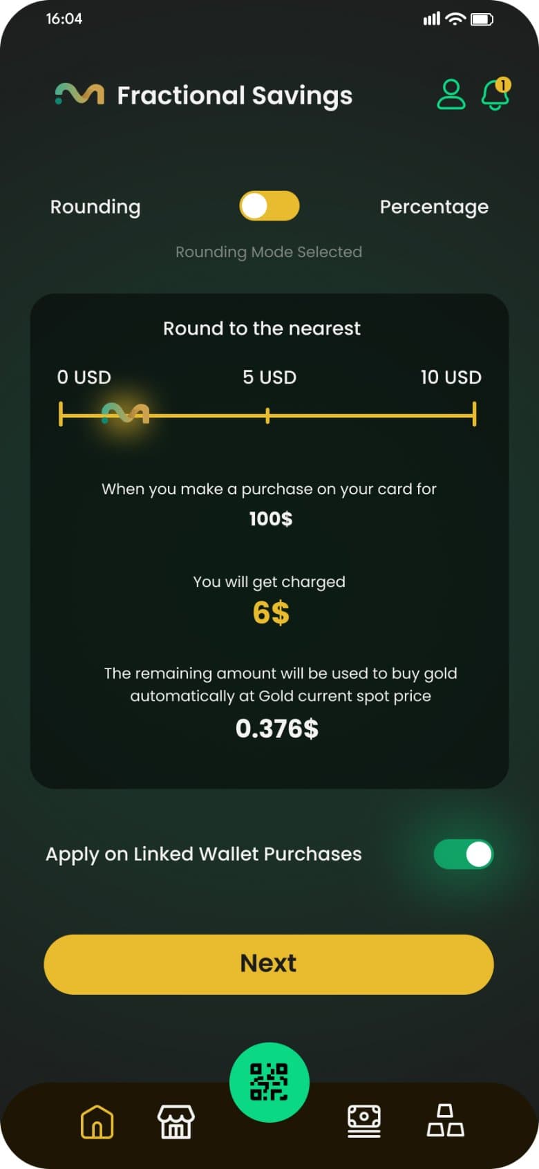 MintNow app — round-up savings setup screen