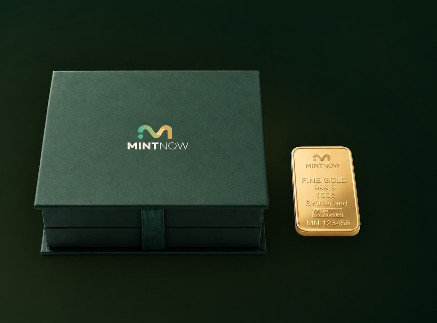 A MintNow-branded gold bar beside its insured delivery box